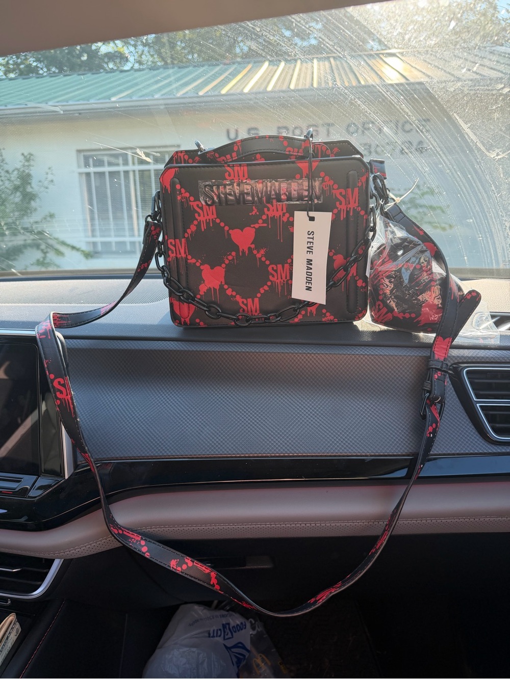 Steve Madden Black and Red Logo Heart Crossbody Camera Bag with Chain Detail